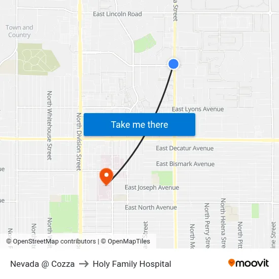 Nevada @ Cozza to Holy Family Hospital map