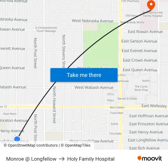 Monroe @ Longfellow to Holy Family Hospital map