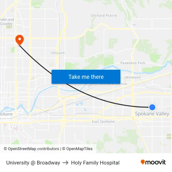 University @ Broadway to Holy Family Hospital map