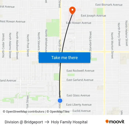 Division @ Bridgeport to Holy Family Hospital map