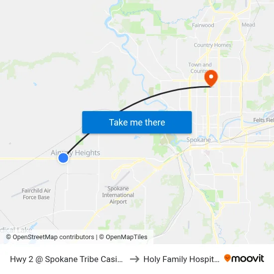 Hwy 2 @ Spokane Tribe Casino to Holy Family Hospital map