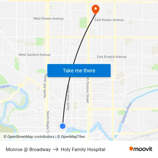 Monroe @ Broadway to Holy Family Hospital map