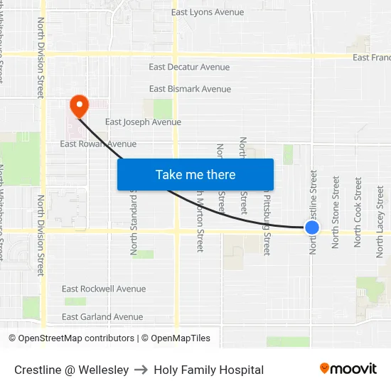 Crestline @ Wellesley to Holy Family Hospital map