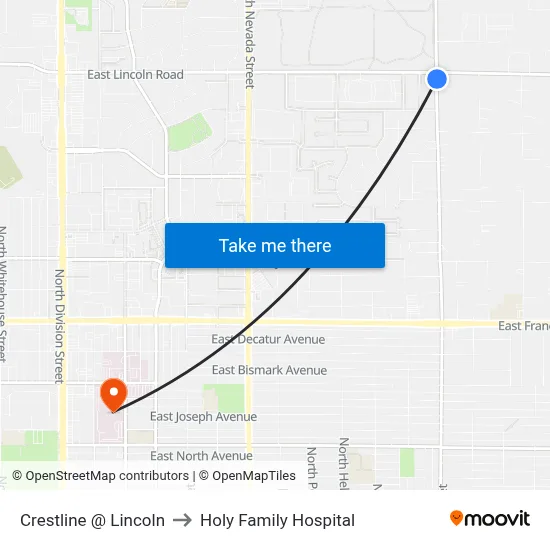Crestline @ Lincoln to Holy Family Hospital map