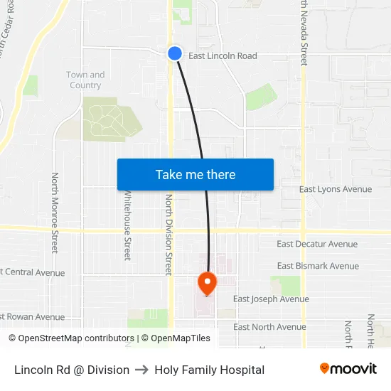 Lincoln Rd @ Division to Holy Family Hospital map