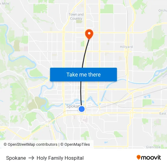 Spokane to Holy Family Hospital map