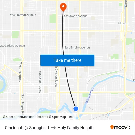 Cincinnati @ Springfield to Holy Family Hospital map