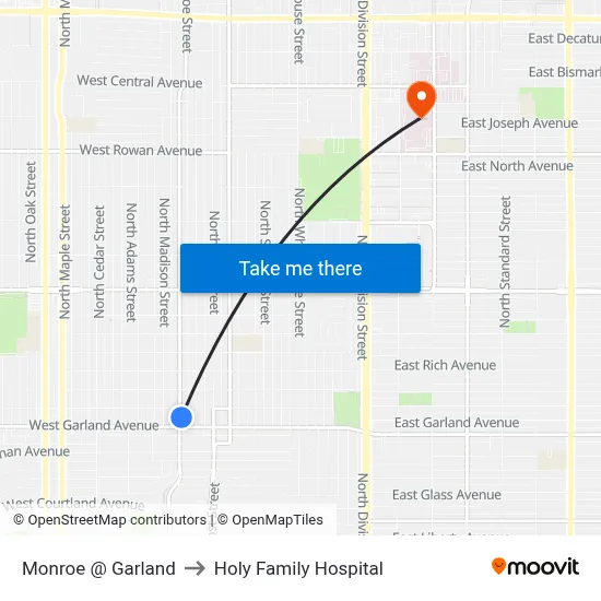Monroe @ Garland to Holy Family Hospital map
