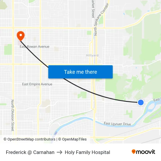 Frederick @ Carnahan to Holy Family Hospital map