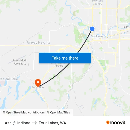 Ash @ Indiana to Four Lakes, WA map