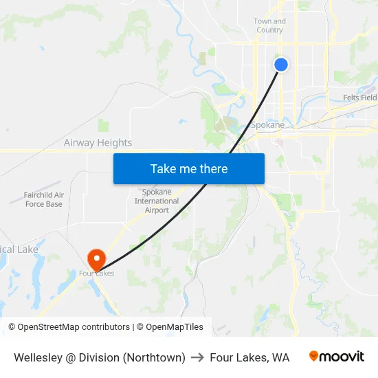 Wellesley @ Division (Northtown) to Four Lakes, WA map