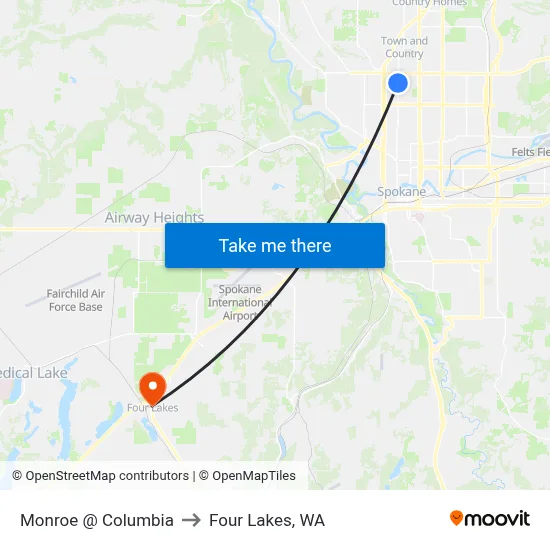 Monroe @ Columbia to Four Lakes, WA map
