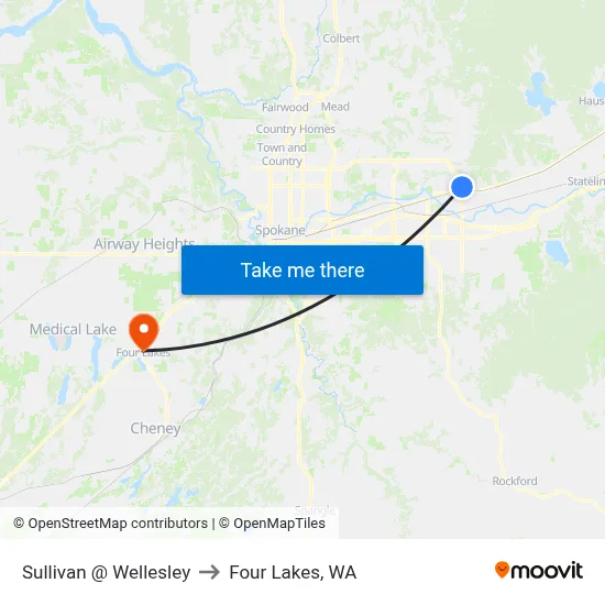 Sullivan @ Wellesley to Four Lakes, WA map