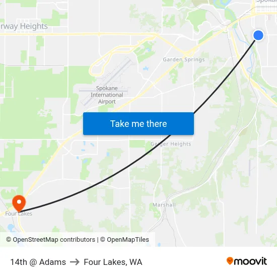14th @ Adams to Four Lakes, WA map