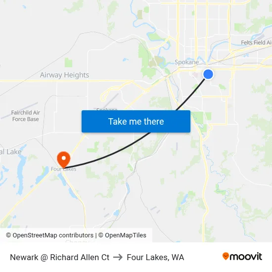 Newark @ Richard Allen Ct to Four Lakes, WA map