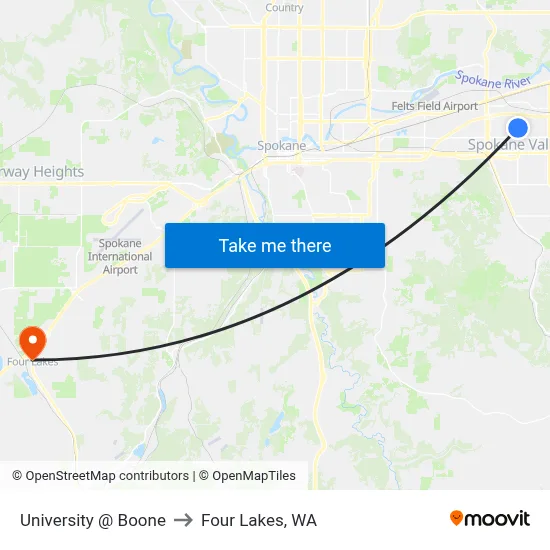 University @ Boone to Four Lakes, WA map