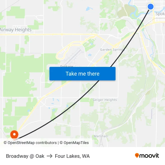Broadway @ Oak to Four Lakes, WA map