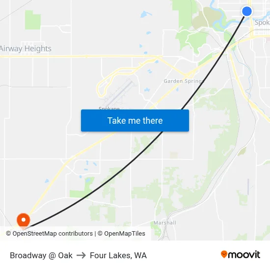 Broadway @ Oak to Four Lakes, WA map