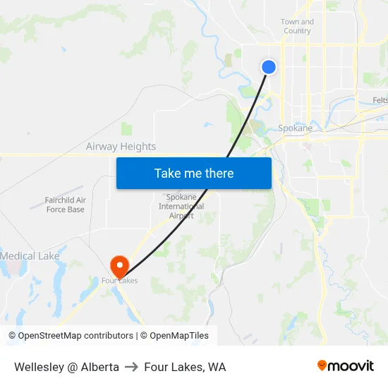 Wellesley @ Alberta to Four Lakes, WA map