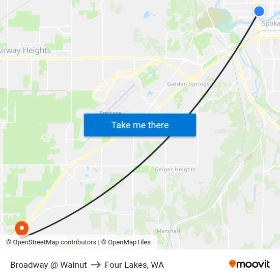 Broadway @ Walnut to Four Lakes, WA map