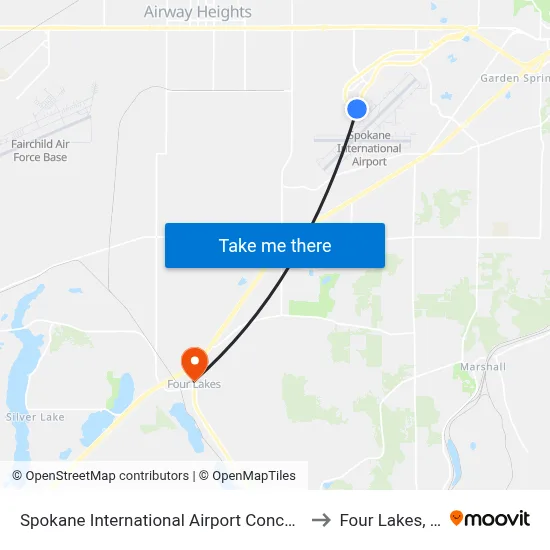 Spokane International Airport Concourse C to Four Lakes, WA map