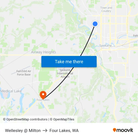 Wellesley @ Milton to Four Lakes, WA map