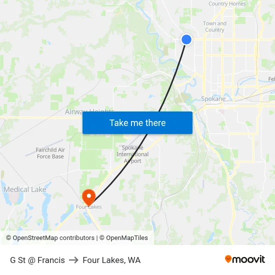 G St @ Francis to Four Lakes, WA map
