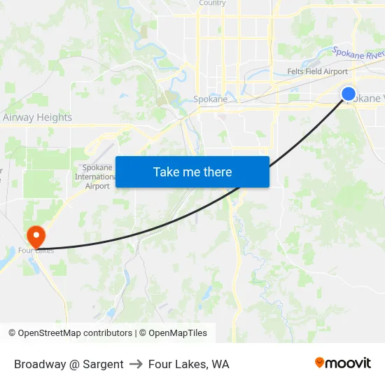 Broadway @ Sargent to Four Lakes, WA map