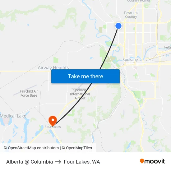 Alberta @ Columbia to Four Lakes, WA map