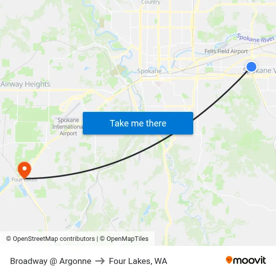 Broadway @ Argonne to Four Lakes, WA map