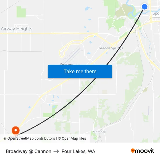 Broadway @ Cannon to Four Lakes, WA map