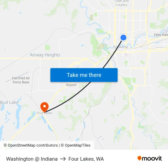 Washington @ Indiana to Four Lakes, WA map