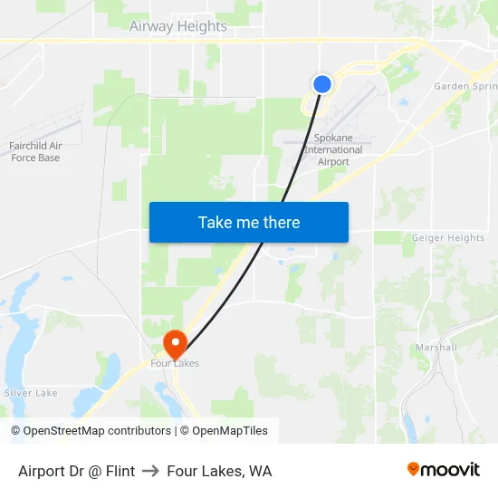 Airport Dr @ Flint to Four Lakes, WA map