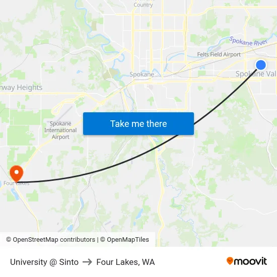 University @ Sinto to Four Lakes, WA map