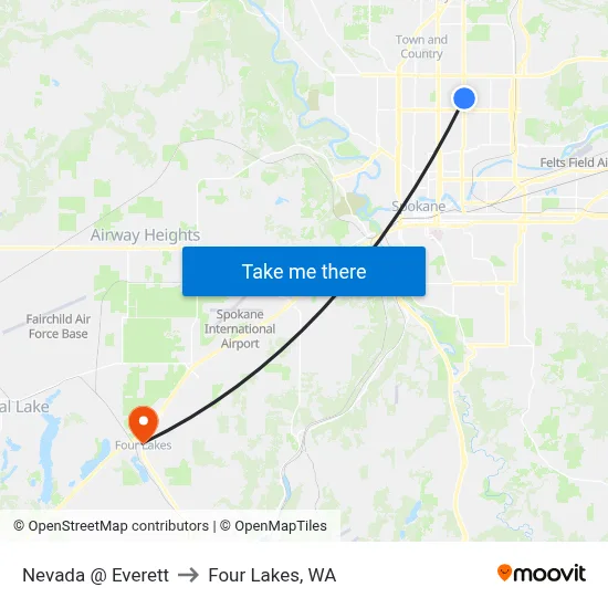 Nevada @ Everett to Four Lakes, WA map