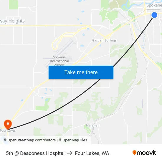 5th @ Deaconess Hospital to Four Lakes, WA map