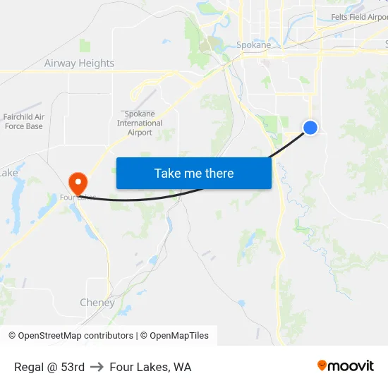 Regal @ 53rd to Four Lakes, WA map