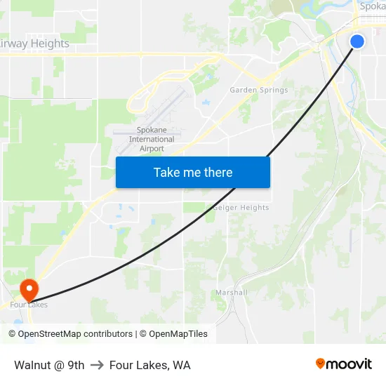Walnut @ 9th to Four Lakes, WA map