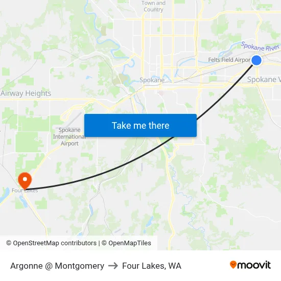 Argonne @ Montgomery to Four Lakes, WA map