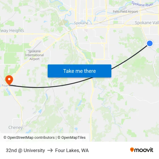 32nd @ University to Four Lakes, WA map