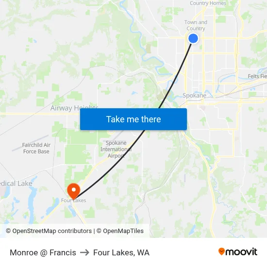 Monroe @ Francis to Four Lakes, WA map