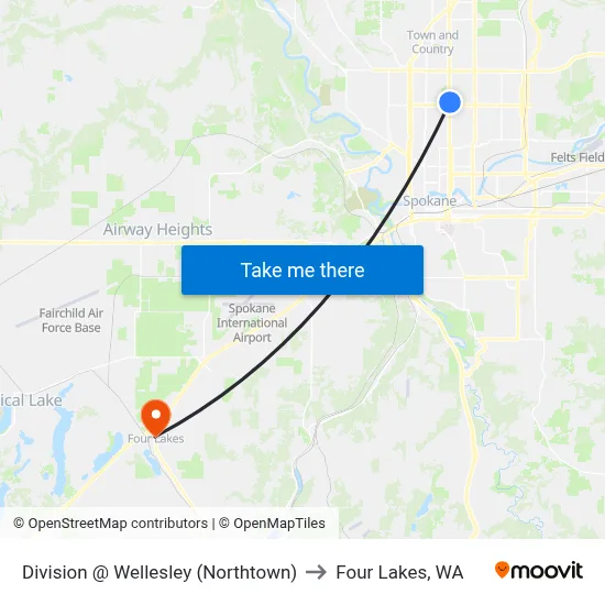 Division @ Wellesley (Northtown) to Four Lakes, WA map