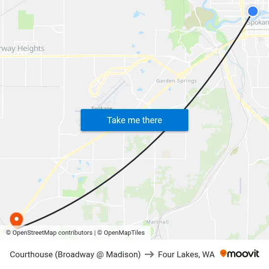 Courthouse (Broadway @ Madison) to Four Lakes, WA map