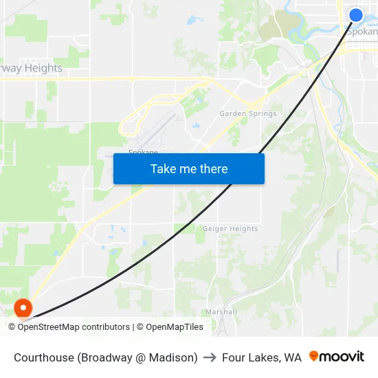 Courthouse (Broadway @ Madison) to Four Lakes, WA map