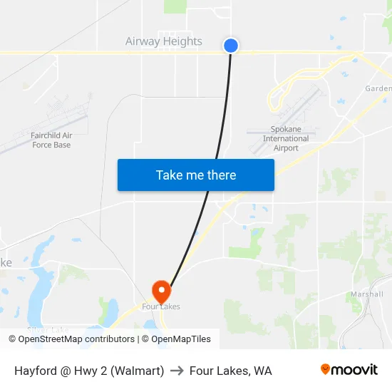 Hayford @ Hwy 2 (Walmart) to Four Lakes, WA map