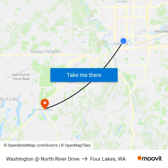 Washington @ North River Drive to Four Lakes, WA map