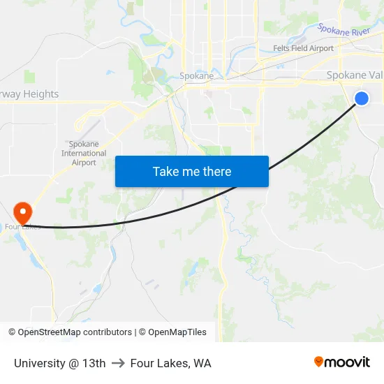 University @ 13th to Four Lakes, WA map