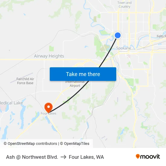 Ash @ Northwest Blvd. to Four Lakes, WA map