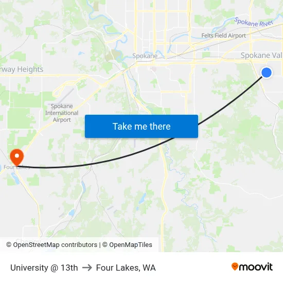 University @ 13th to Four Lakes, WA map