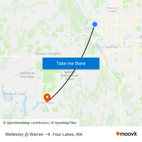 Wellesley @ Warren to Four Lakes, WA map